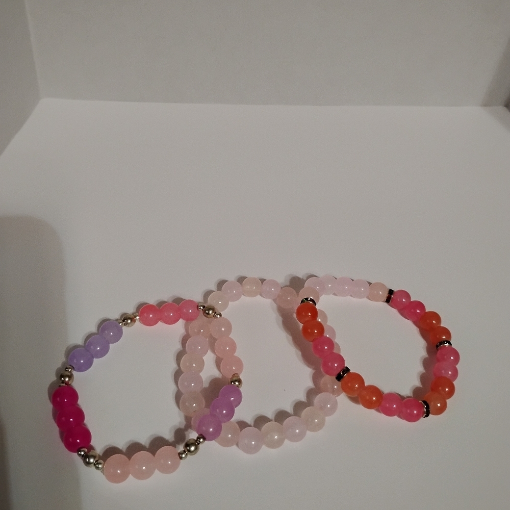 Handmade three piece cute colorful bright cool pink and purple bracelet set